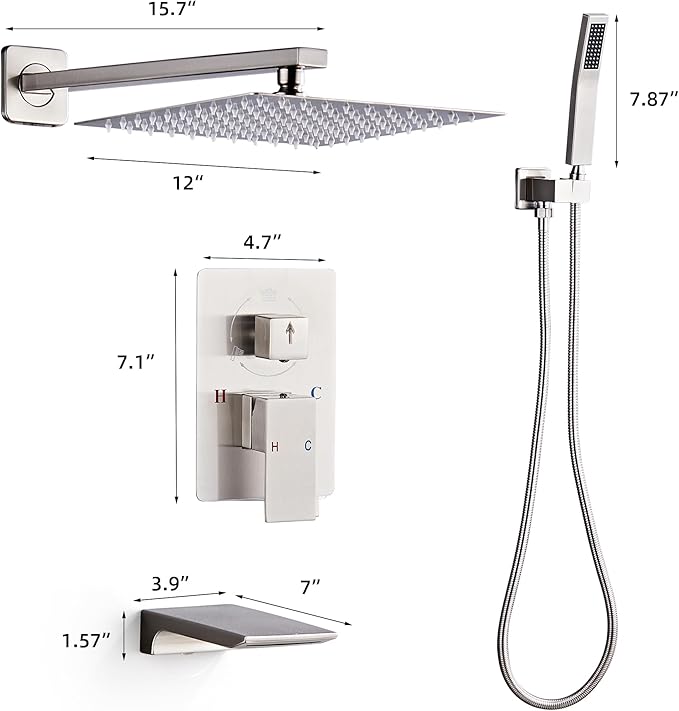 LCEVCGK Shower Faucet Set Complete with Tub Spout Shower System Wall Mounted with 12 inch Rainfall Shower Head and Handheld Shower Rain Shower Combo for Bathroom, Brushed Nickel