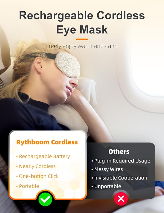 Rythboom 2025 Upgrade Heated Eye Mask, Cordless Warm Compresses for Dry Eyes, 3 Heat Levels, Graphene Material, 15 Uses, 1500mAh Rechargeable Battery, Washable Eye Heating Pad for Sleeping, Travel