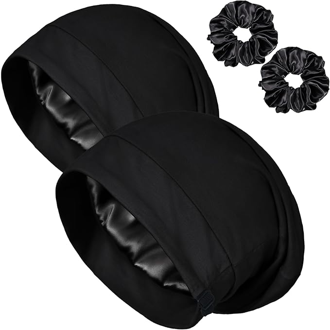 Satin Bonnet for Sleeping Night Cap, Adjustable Satin Lined Silk Bonnets Sleep Cap for Curly Hair Braids Beanie Black Women