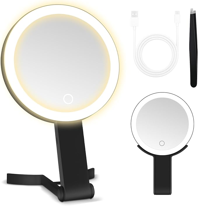 MIYADIVA Magnifying Mirror with Light, Double Sided 30X/1X Lighted Travel Makeup Mirror with Magnification, 3 Color Lighting, Dimmable Touch Screen, Adjustable & Foldable Hand Mirror (Black)