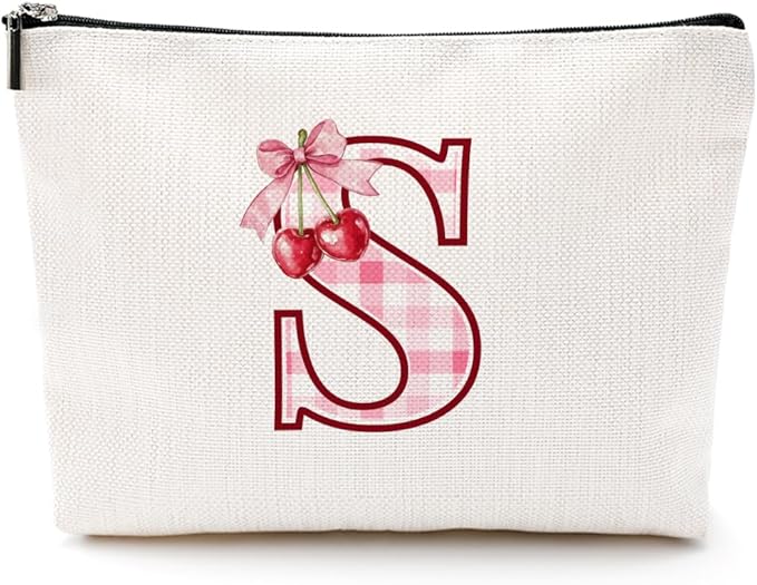 CQM Initial Makeup Bag Monogram Cosmetic Bag Monogrammed Gifts for Women Girls Friends Coworker Colleague Personalized Travel Toiletry Bag Christmas Bridal Shower Wedding Bridesmaid Gifts, Cherry S