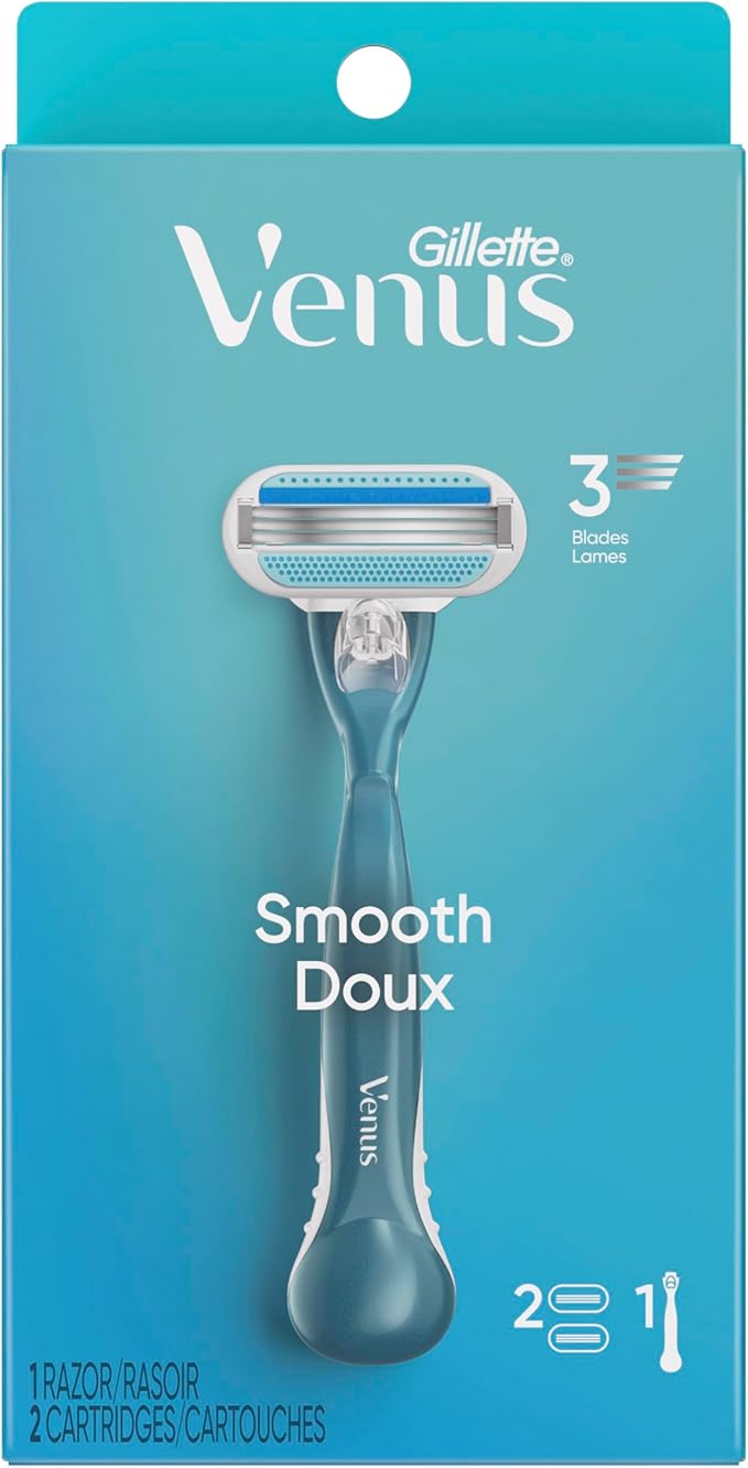 Gillette Venus Smooth Razor for Women, Includes 1 Reusable Razor Handle + 2 Count 3-Bladed Refills, Ergonomic Soft Grip Handle