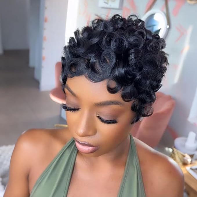 Short Curly Wig Human Hair for black women Short Layered Pixie Wigs Brazilian Virgin Curly Wavy Haircut Glueless pixie cut wig With Bangs Natural Black Color for Daily Use