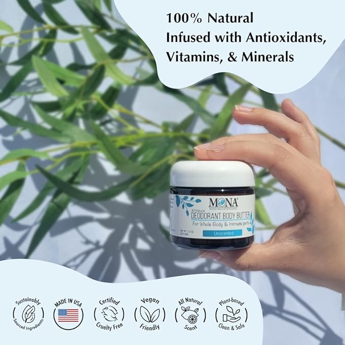 MONA UNSCENTED All Natural Deodorant for Whole Body & Intimate Parts | Hypoallergenic & Safe for Women & Men with Sensitive skin | No Aluminum, Baking Soda or Synthetic Fragrance | Unscented, 2.0 Oz
