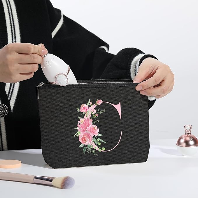 kdxpbpz A-Z Personalized Cosmetic Bag Monogrammed Makeup Bags Bridesmaid Gifts Custom Toiletry Pouch Gifts for Women Mom Best Friend Sister Bride Bridesmaid (C)