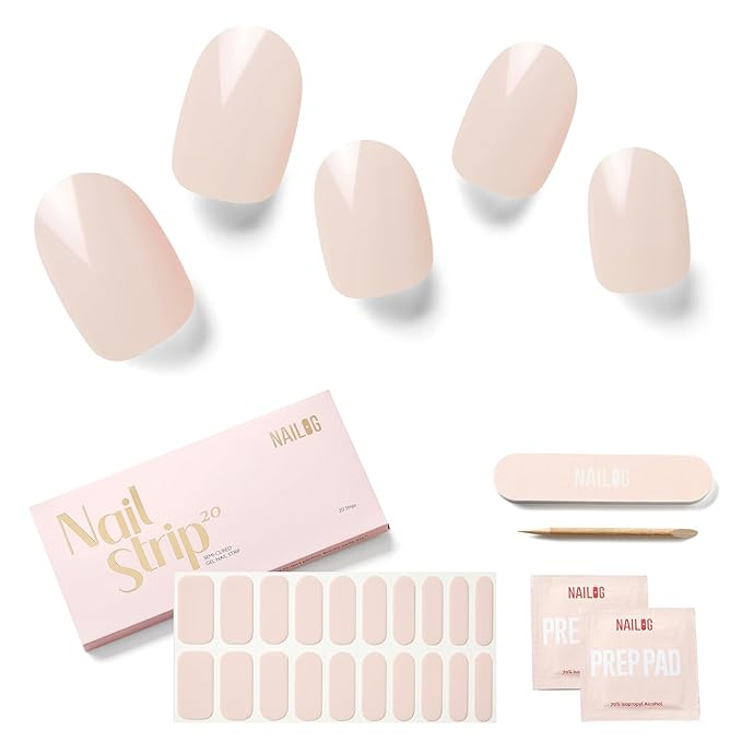 NAILOG Semi Cured Gel Nail Strips, 20Pcs Light Cream Gel Nail Stickers, Salon Quality Easy Apply & Remove Works with Any UV/LED Nail Lamps, White Gardenia