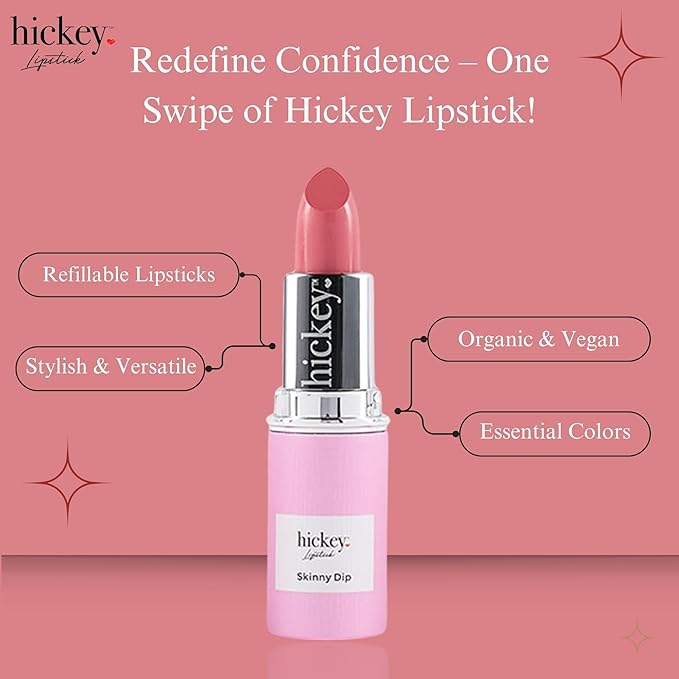 Hickey Lipstick Beach Babe and Skinny Dip Organic Long Lasting Lipstick Refills, Perfect Pink and Coral Colors, Set of 2