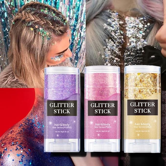 Christmas Body and Face Glitter Stick, Holographic Sparkling Neon Outfit Stage Performance New Year Celebration Events, Holiday Accessories Hair Tinsel Stick for Christmas Party Makeup.