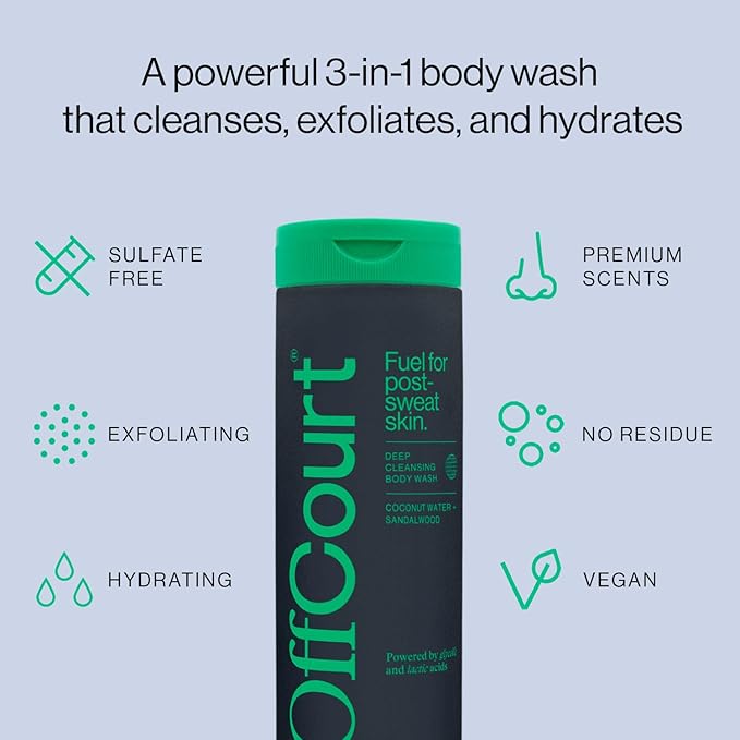 OffCourt Sulfate-Free Body Wash for Men & Women - Non-Drying Exfoliator with Glycolic & Lactic Acids Leaves Skin Fresh & Smooth with Coconut Water and Sandalwood Scent, 14 Fl. Oz (Pack of 1)