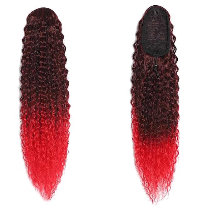 2 Pcs Deep Wave Ponytail Extension for Women 12 Inch Curly Wavy Ponytail Hair Extensions Drawstring Ponytail with Clips Short Synthetic Hairpiece for Daily and Party (Red&1B/Red)