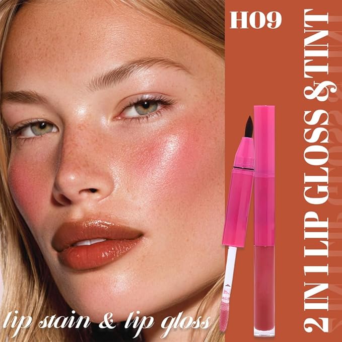 evpct ‌Red Brown Matte Liquid Lipstick Marker Pen Lip Liner Set with Glitter Lip Oil, 2 in 1 Lipgloss Lipstick Long Lasting Waterproof for Women, Longwear Lips Stain 24hr Original Smudge Proof labial