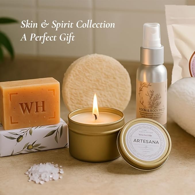 WHISPER HILL End-of-Year Gift Box – Ready to Give Spa Gift Set for Women | Made in Vermont | Natural Candle, Goat Milk Soap, Bath Salts, Room Mist & Loofah | Skin & Spirit Collection