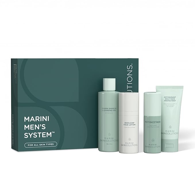 Marini SkinSolutions Men’s System - Cruelty Free - Includes Shave & Cleansing Gel, Bioclear Face Lotion, PeptideXtreme, and Antioxidant Daily Face Protectant SPF 33 - Made in the USA