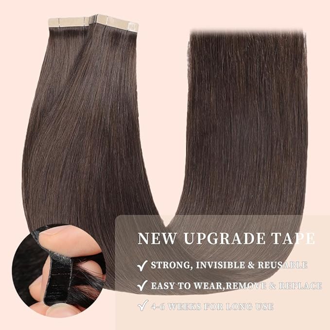 Tape in Hair Extensions Human Hair 20pcs Remy Hair Extensions 22 Inch Darkest Brown Straight Invisible Human Hair Tape in Extensions Double Sided Skin Weft Hair (2#,22 Inch)