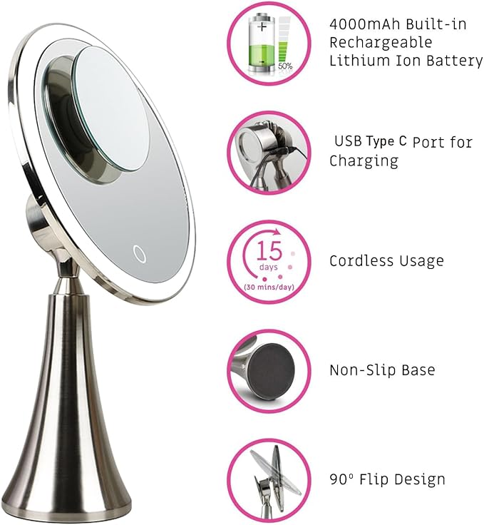 Surdy 9" Lighted Makeup Mirror, 5x/10x Dual Magnifying Mirror w/ 3 Color, Brightness Adjustable,360° Rotation, 4000 mAh Rechargeable, Women Gift, Vanity Mirror