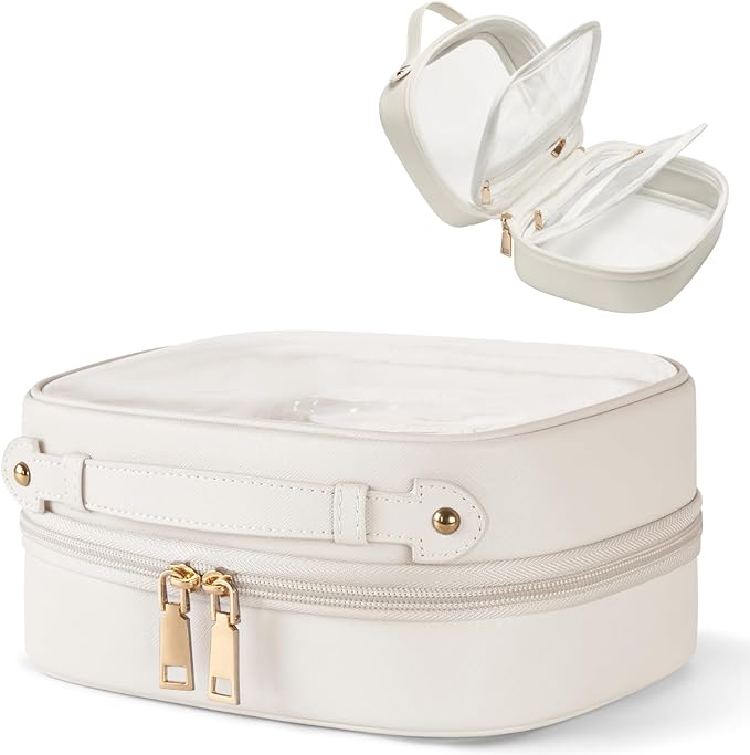Oaque Clear Cosmetic Bag Double Layer Travel Toiletry Bag Clear Makeup Bag Case with 4 Compartments, Transparent Travel Bag for Toiletries, Large Toiletry Bag for Women Cosmetic Case (White, Small)