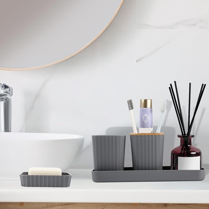 XLHOMO Bathroom Set - Grey Bathroom Accessories Set with Shower Curtain, Bath Towels, Soap Dispenser, Toilet Brush, Trash Can, Grey Bathroom Accessories Sets Complete for Housewarming