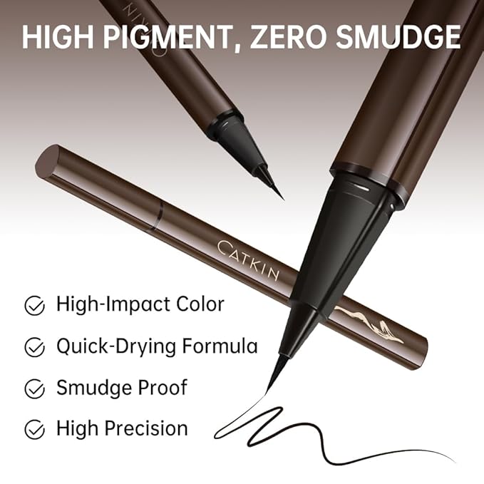 Catkin Liquid Eyeliner Pen Ultra-fine Waterproof Smoothy Stay 24 hrs Long Lasting Quick Drying for Sensitive Eyes Alcohol Free Natural Brown