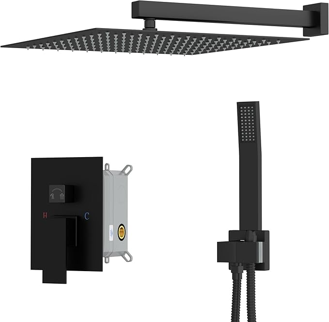 Dcolora Rainfall Shower System with Handheld, Matte Black Shower Faucet Set for Bathroom, Brass Valve, 304 Stainless Steel, Anti-Scald cUPC Certified(Matte Black, 16 Inch)