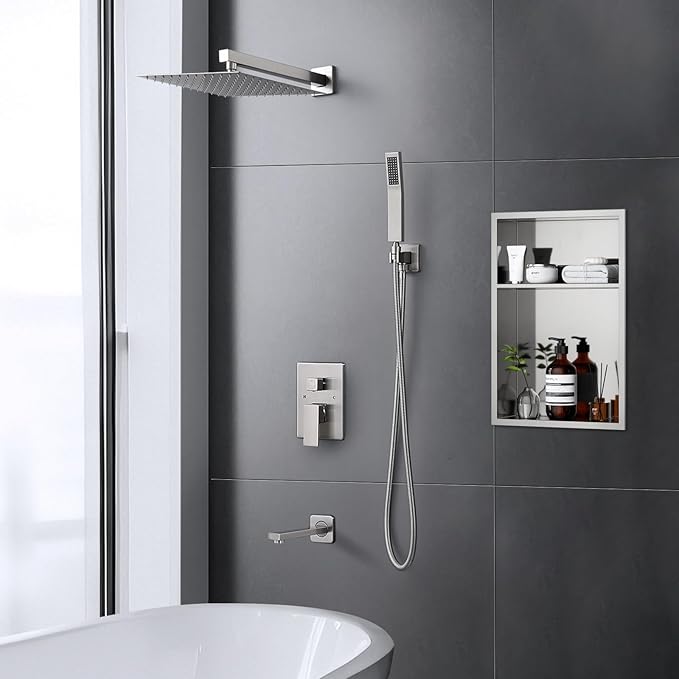 POPFLY Shower Faucet Set, 12 Inch Rainfall Head & Handheld Spray Combo, Brushed Nickel Wall Mounted Trim Kit with Solid Brass Valve Kit, Shower Hose & Bathtub Spout, Easy Installation