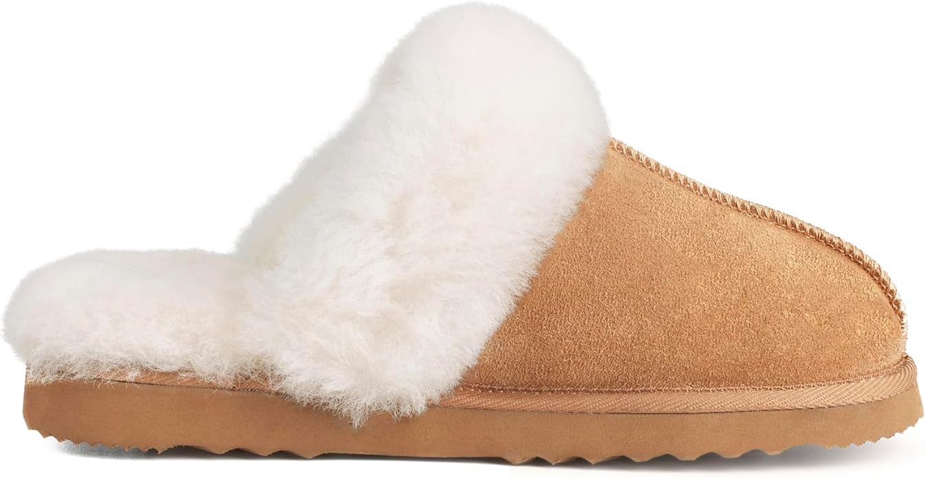 Parfeying Women's Shearling Slippers Genuine Leather with Rubber Sole, Sheepskin Fuzzy Indoor Outdoor Shoes for Home