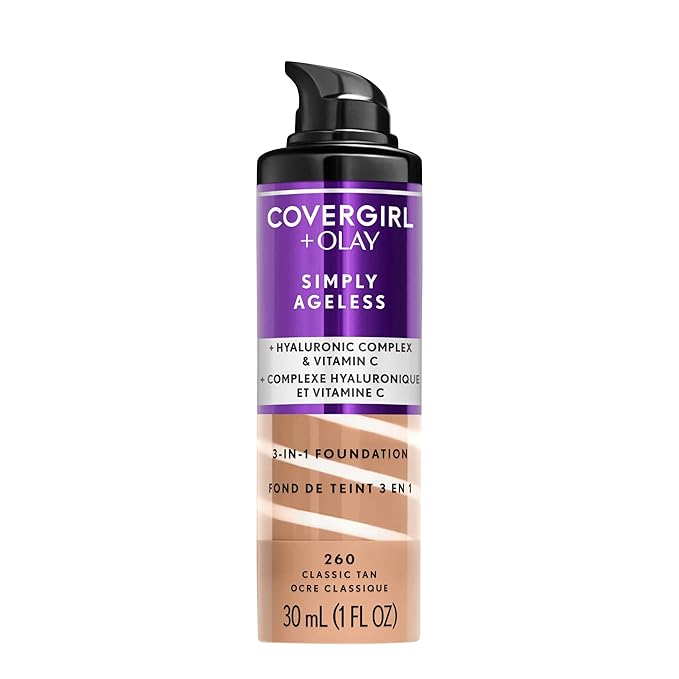 COVERGIRL & Olay Simply Ageless 3-in-1 Liquid Foundation, Matte Finish, Hyaluronic & Vitamin C Formula, 260 Classic Tan, 1 Count