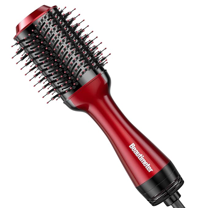 Beautimeter Blow Dryer Brush, Hot Air Brush One Step Hair Dryer and Styler Volumizer, 4 in 1 Negative Ionic Hair Styler with Oval Barrel for Smooth, Frizz-Free Hair Types, Red & Black