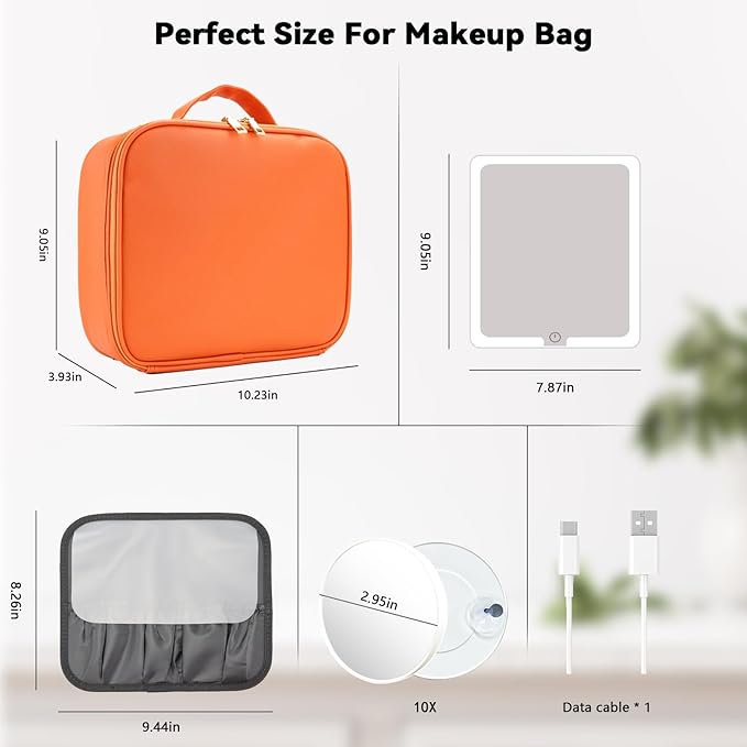 SLUMAZI Travel Makeup Bag with LED Mirror and 10x magnifying glass with 3 Lighted Settings, Adjustable Dividers and Makeup Brush Storage Bag Orange