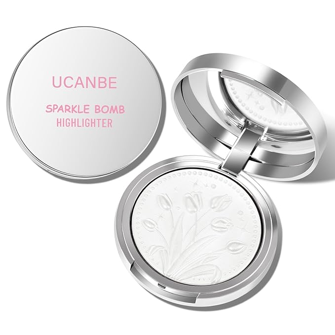 UCANBE Sparkle Bomb Baked Highlighter, Powder Highlighter Makeup, High Glossy Illuminator Palette for Face & Body, Weightless and Buildable (02 Moonlight)