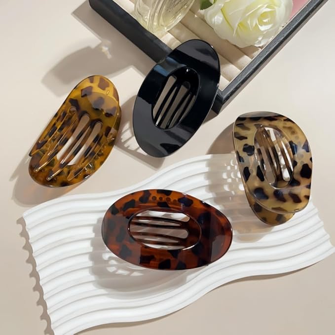 8PCS Flat Hair Clips for Women Girls,Large Strong Hold Ladies Hair Claw Clamp Barrettes for Lying Down Styling Accessories, Elegant 4.33" Big Matte Neutral Leopard Color(Oval)