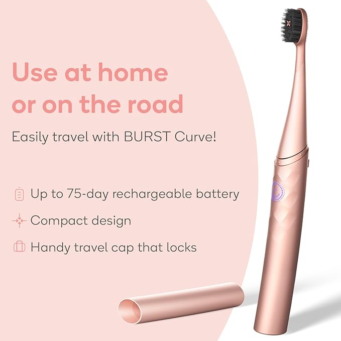 Burst Curve Sonic Electric Toothbrush for Adults (Rose Gold) | Slim Travel Brush with Cover | Ultra Soft Bristles | Up to 2 Month Rechargeable Battery | Two Modes & Timer