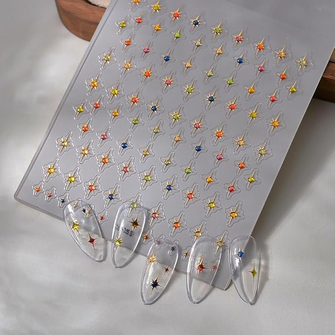 5D Embossed Nail Art Stickers Star Nail Decals Gold Gems Self-Adhesive Nail Stickers for Nails Art 3D Quadrangular Star Design Red Manicure Decorations Nails Supplies for Women