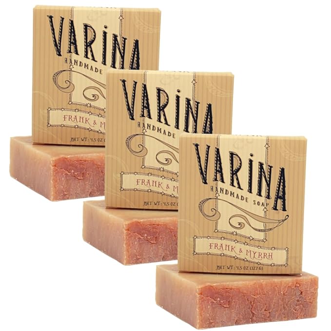 Varina Organic Frank and Myrrh Bar Soap - Gentle Cleansing for Sensitive Skin, Earthy Scents - 3 Pack - Experience Healthy and Glowing Skin