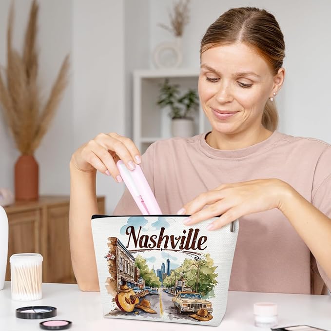 Ythuil Nashville Travelling Gifts Makeup Bag, Watercolor Gift, Nashville Souvenir, Travel Cosmetic Bag for Purse, Trip Favors for Traveller, Travelling Lovers, City Themed Organizer