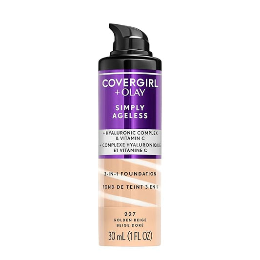 COVERGIRL & Olay Simply Ageless 3-in-1 Liquid Foundation, Matte Finish, Hyaluronic & Vitamin C Formula, 227 Golden Beige, 1 Count