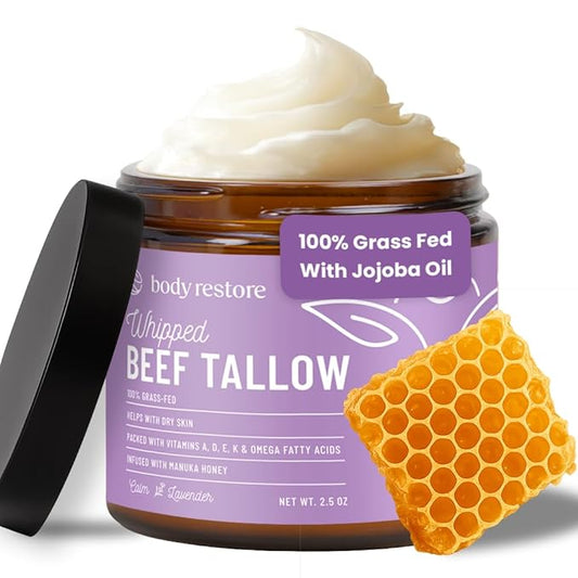 Body Restore Grass Fed Whipped Beef Tallow for Dry Skin, Face – Manuka Honey, Jojoba Oil, Valentines Day Gifts for Her and Him, Birthday Gifts for Women and Men, Travel Essentials – Lavender