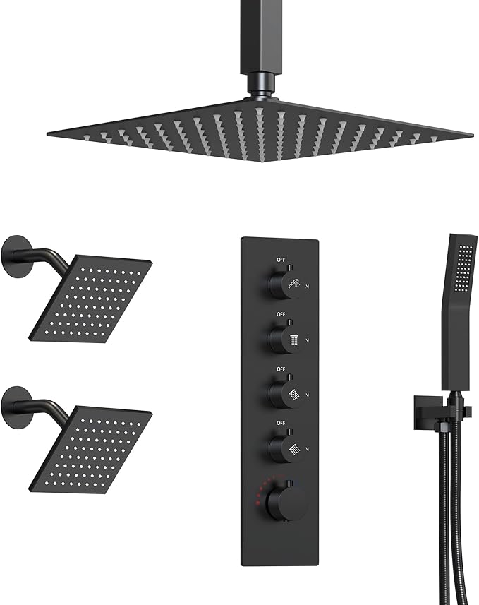 EVERSTEIN Thermostatic Shower system, 16, 6 in. Bathroom Shower Set Wall Mount Dual Shower Head Faucet in Matte Black