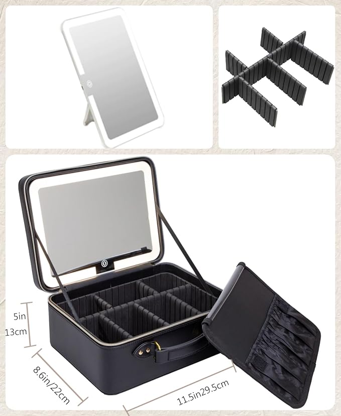 ZhenGuiRu Travle Makeup Bag with LED Mirror, Portable Makeup Artist Organizer Case with Lighted Mirror, Makeup Bag with Adjustable Dividers, Cosmetic Brush Storage Box for Women Gift