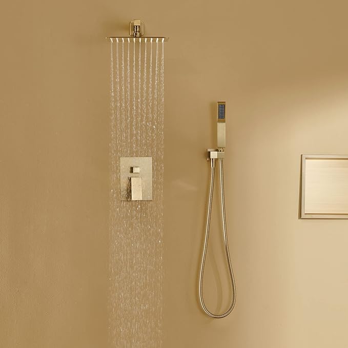Artiqua Shower System 10 Inches Rain Shower Combo Set Brushed Gold Wall Mount Faucet Bathroom Faucets with Rainfall Shower Head and Hand Shower