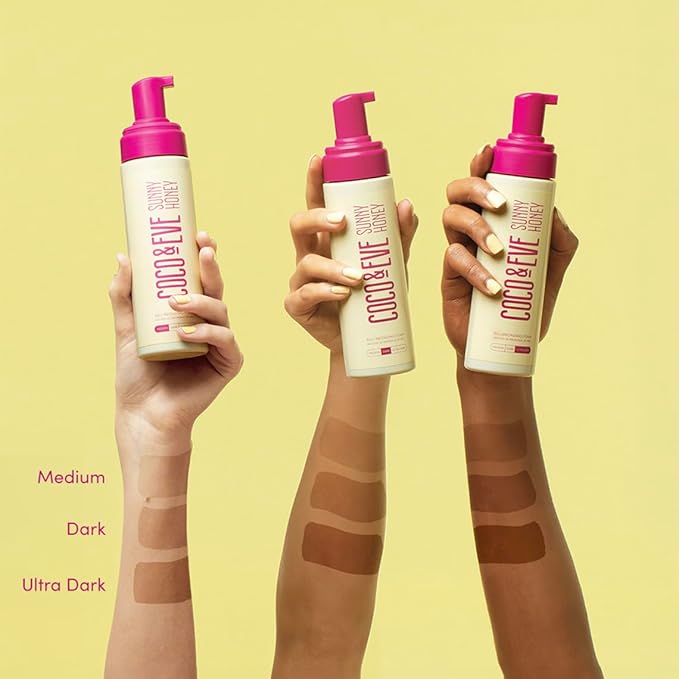 Coco & Eve Sunny Honey Bali Bronzing Bundle (Medium). All Natural Sunless Tanning Mousse. Instant Self Tanning Lotion with Bronzer, Mitt Applicator and Kabuki Brush.