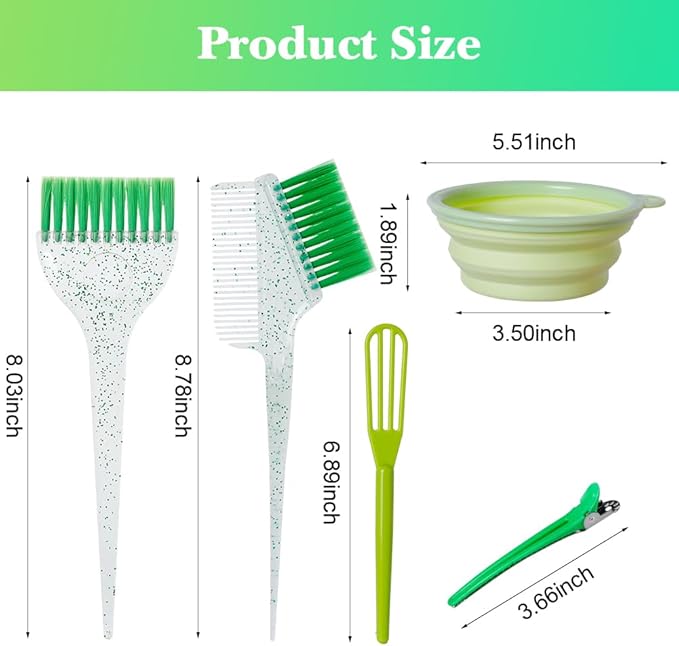 MOONMINI Hair Dye Color Brush and Bowl Set, Color Bowl Brushes Tool Mixing Bowl Kit Tint Comb for Hair Tint Dying Coloring Applicator (Green&Clear)
