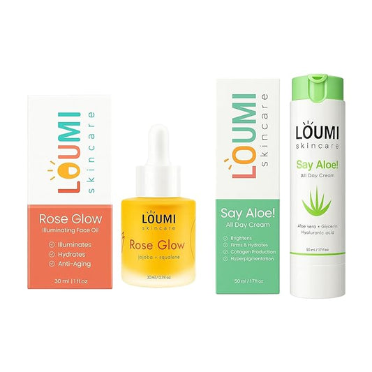 LOUMI Skincare Glow & Aloe Duo Bundle - RoseGlow Moisturizing Face Oil & Say Aloe! All Day Cream - Lightweight Hydrating Face Cream - Aloe Vera, Algae, and Hyaluronic Acid - Made in the US