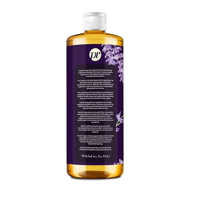 Pura Vitalia Lavender Organic Castile Soap | Body Wash & Cleanser for Face & Hands | Biodegradable, Eco-Friendly, Palm Oil Free, Vegan & Gentle | Made with 6 Natural Ingredients - 32 oz