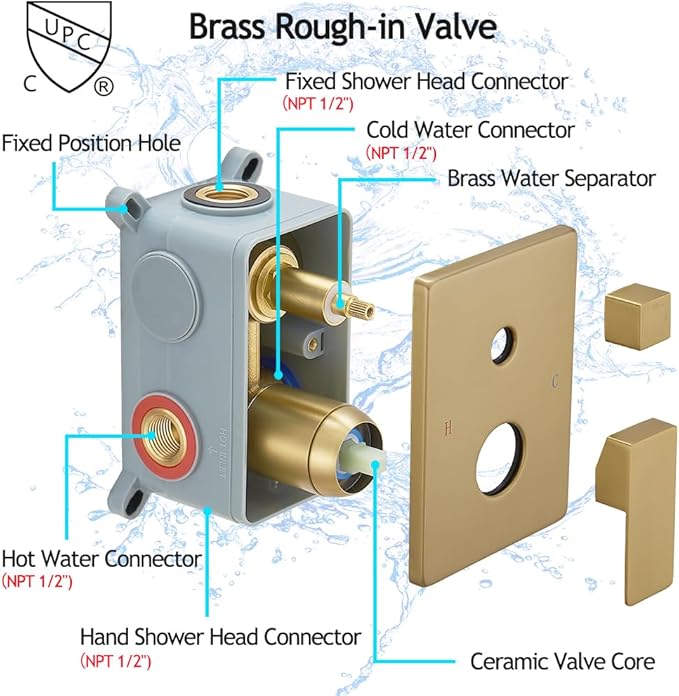 YCAIKOI Brushed Gold Shower System, 8 Inch High Pressure Rain Shower with Handheld, Wall Mount Shower Faucet Set for Bathroom, Rough-in Valve Body and Trim Included
