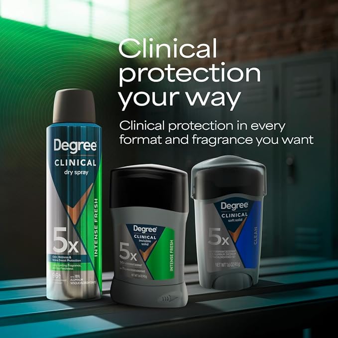 Degree Clinical Strength Antiperspirant Deodorant for Men 96-Hour Sweat and Odor Protection Intense Fresh Invisible Solid 5x Types of Sweat