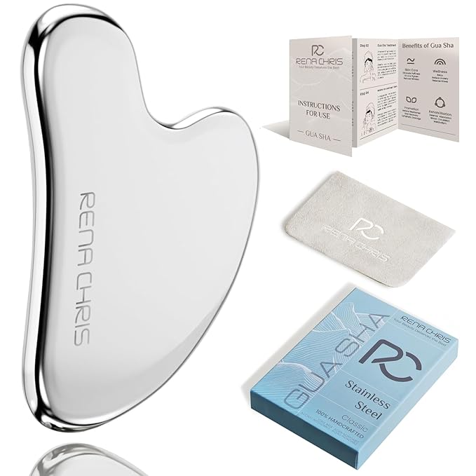 Rena Chris Gua Sha Facial Tools, Stainless Steel Guasha Tool for Acupuncture, Manual Massage Tool for Jawline Sculpting and Puffiness Reducing, Gua Sha Facial Massage Tool, Skin-Care Gift (Silver)