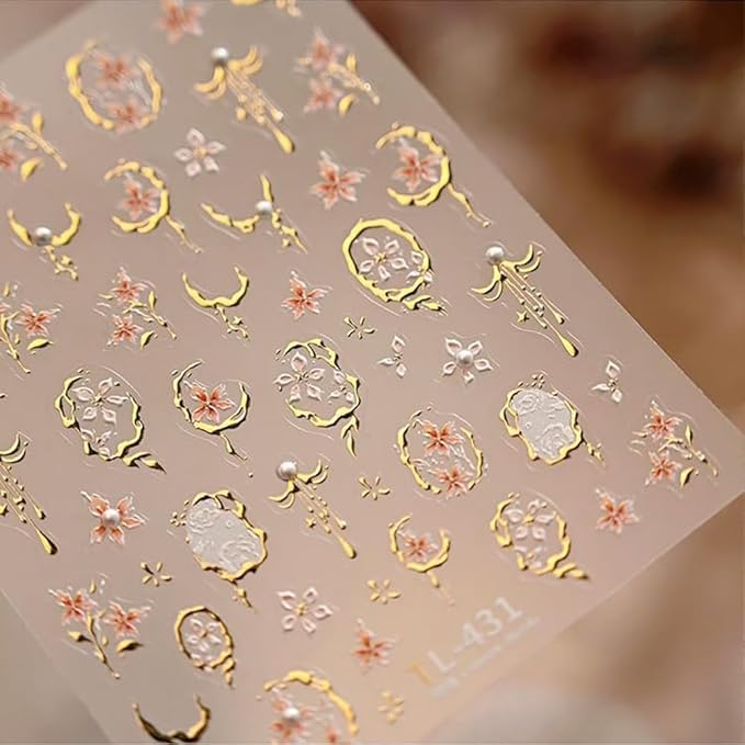 Gold Flower Nail Stickers Spring Nail Stickers for Nail Art 5D Embossed Pearl Gold Edge Petals Nail Decals Spring Summer Flower Nails Supplies for Women DIY Nail Art Decorations