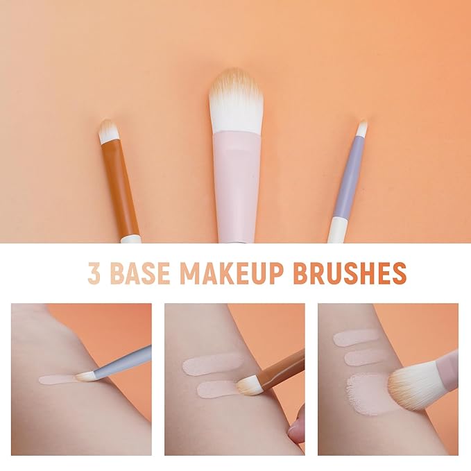 LULUCOLORS Colorful 3-PCS Foundation Brush Set with Latex-Free Makeup Sponge and Travel Pouch-Soft,Cruelty-Free Synthetic Bristles, Brushes for Foundation, Concealer, and Detail Application