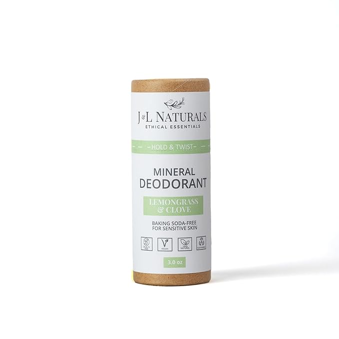 J&L Naturals Mineral Deodorant | Baking Soda-Free, 100% Natural, Sustainable Skin Care | Sensitive Deodorant For Women & Men | Aluminum Free, Vegan, Cruelty-Free (Lemongrass & Clove, 3 Oz (Pack of 1))