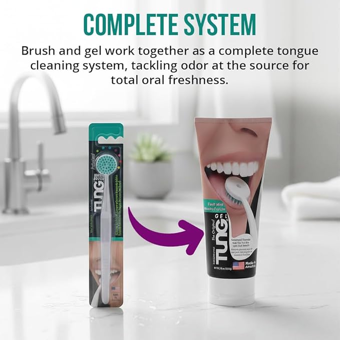 Tung Tongue Cleaning Kit, Tung Brush and Gel, Bad Breath Odor Eliminator, Halitosis Defense, USA Made (Set of 2)